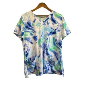 Scrubstar Scrub Top Women XL Blue Green Excellent Abstract Marble V-Neck Pockets